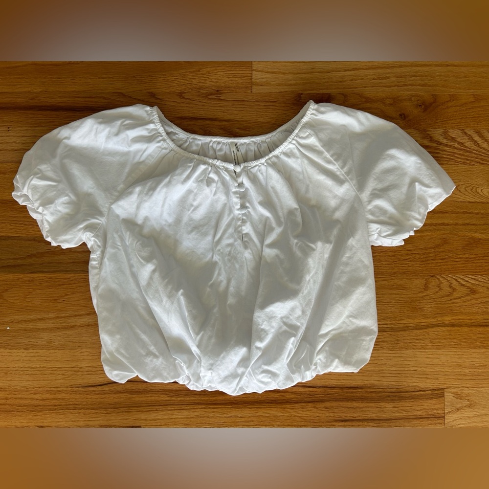 Anthropologie White Puff Sleeve Bubble Hem Cropped Top